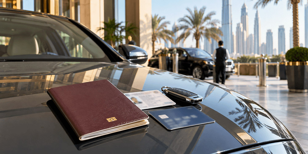 Original passport, driving licence and payment card prepared for a Dubai car rental pickup