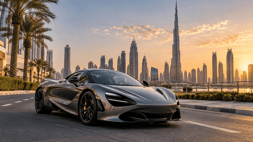 Sports car parked on a Dubai road with the city skyline in the background