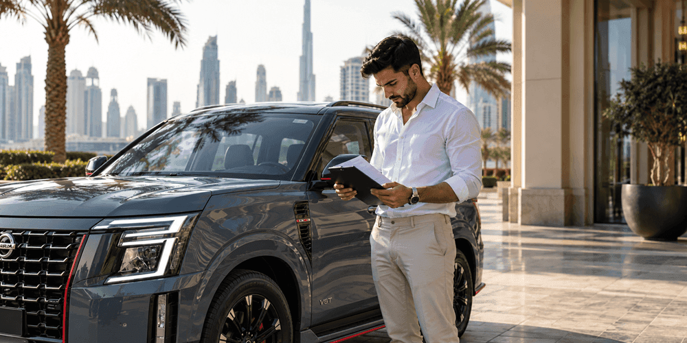 شاب يراجع اتفاقية تأجير سيارة بجانب سيارة مستأجرة متوقفة في دبي