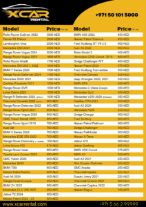 X Car Rental Dubai Price List 2024