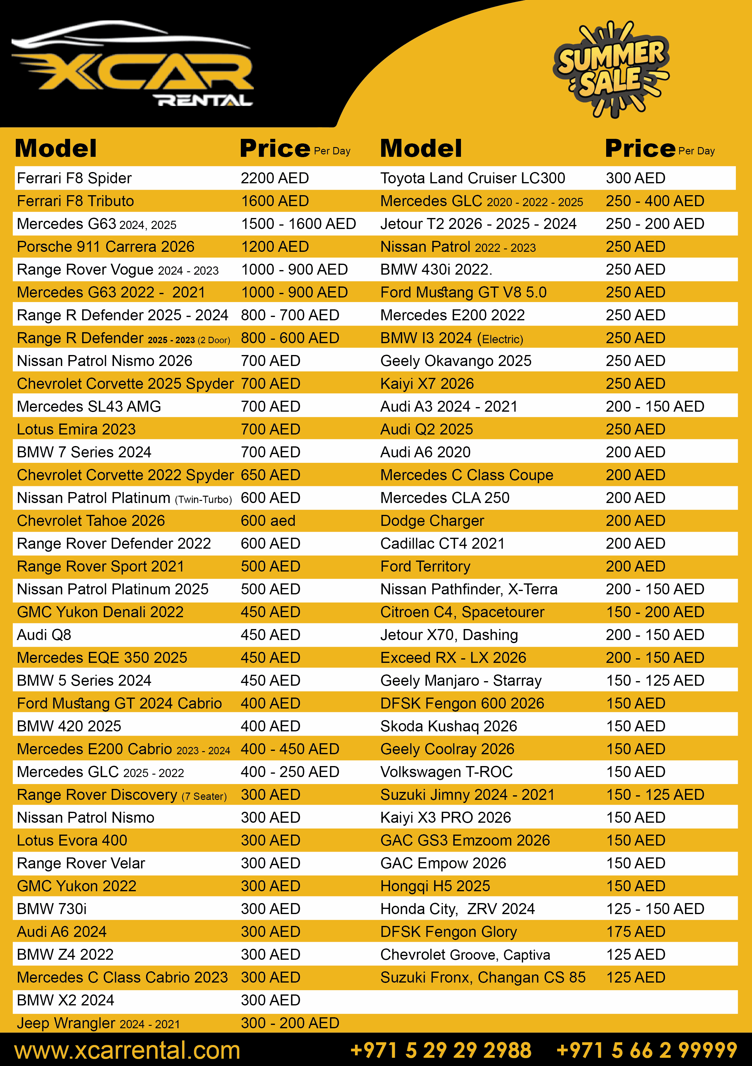 Sports and Luxury Car Rental Price List in Dubai 2026 from May till June