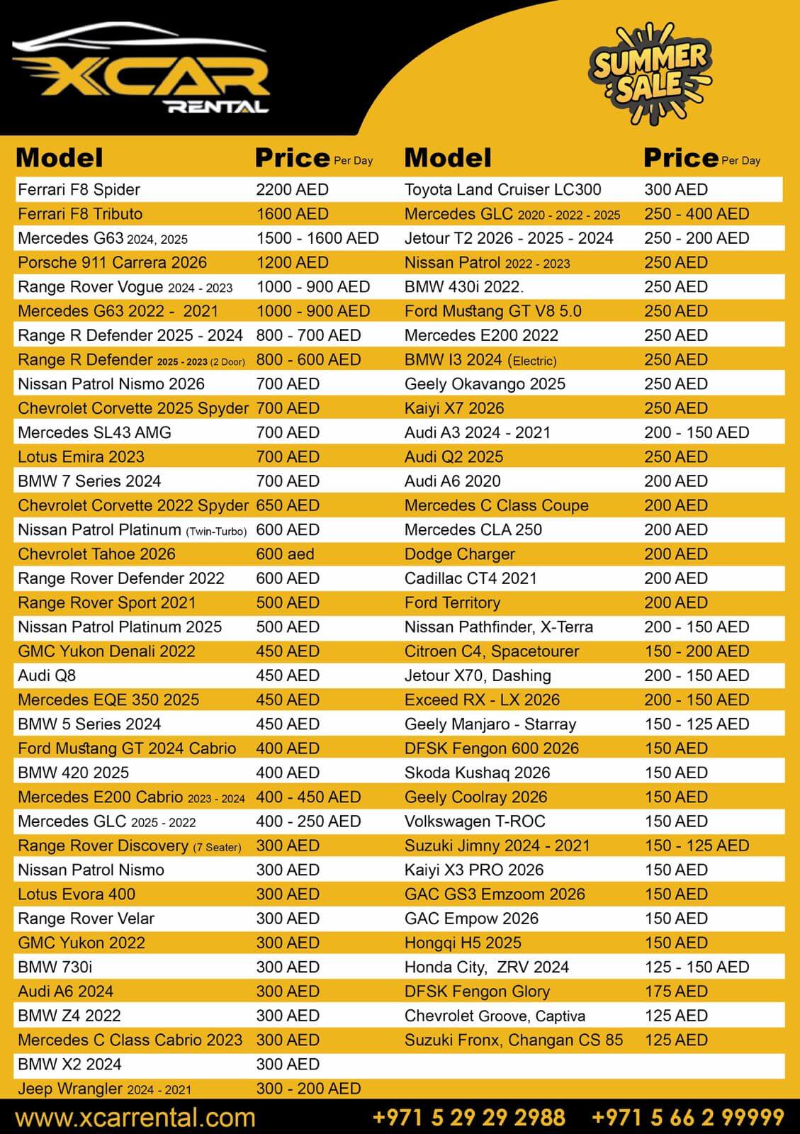 Sports and Luxury Car Rental Price List in Dubai 2026 Ramadan